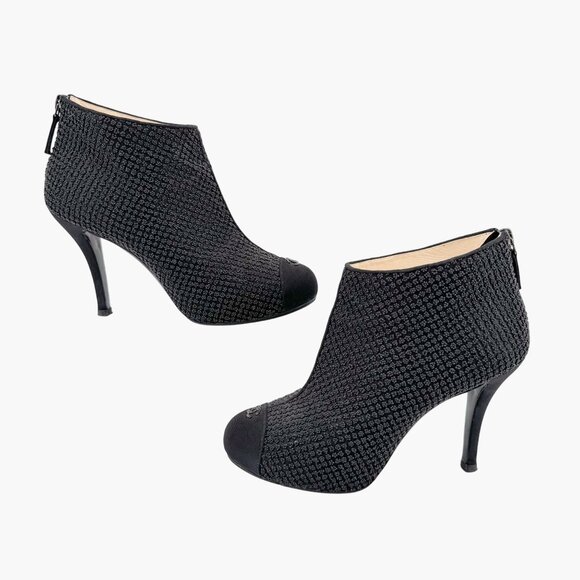 Chanel CC Cap Toe Ankle Booties Size 38.5 US 7.5-8 Black Beaded High Heel Boot - Picture 9 of 16